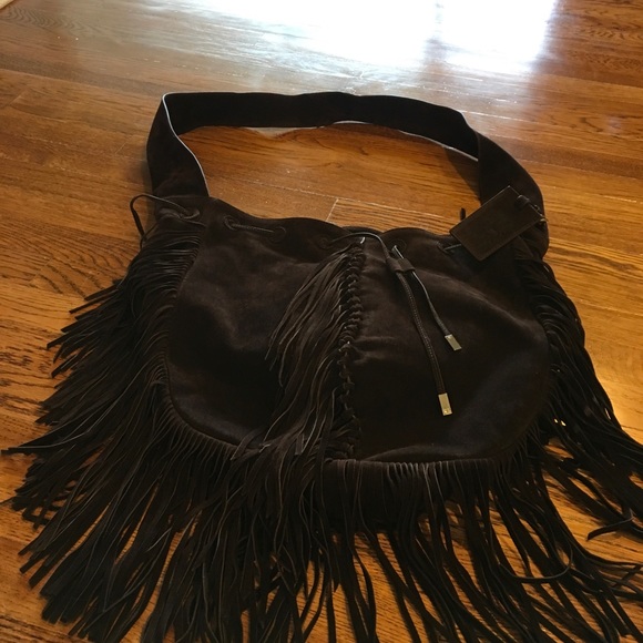 RALPH LAUREN RICH CHOCO BROWN SUEDE FRINGED HOBO - Picture 7 of 7